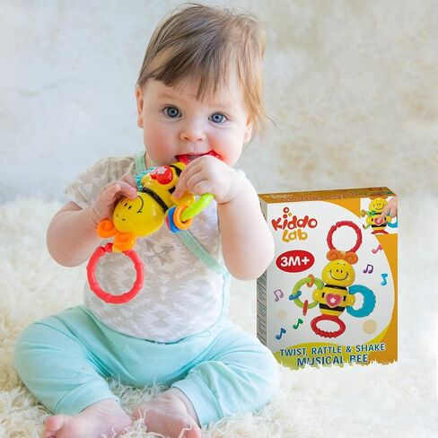 KiddoLab Twist & Rattle Musical Bee Light-Up Toy and Teething Ring for Toddlers - Sensory Chew and Fine Motor Skills Toy for Newborn - Baby Rattle and Teething Toys for 3+ Months Babies in Saudi Arabia