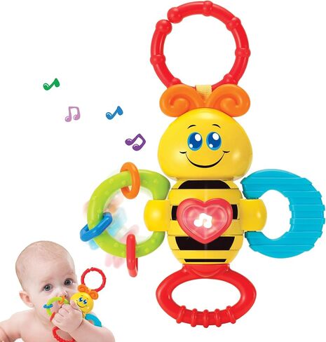 KiddoLab Twist & Rattle Musical Bee Light-Up Toy and Teething Ring for Toddlers - Sensory Chew and Fine Motor Skills Toy for Newborn - Baby Rattle and Teething Toys for 3+ Months Babies in Saudi Arabia