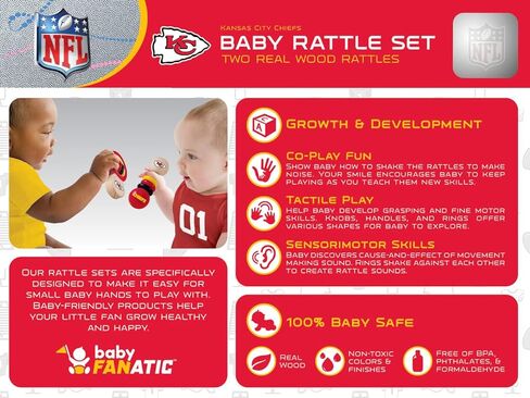 Babyfanatic Wood Rattle 2 Pack - NFL Kansas City Chief - مجموعة لعبة طفل مرخص رسميًا in Kuwait