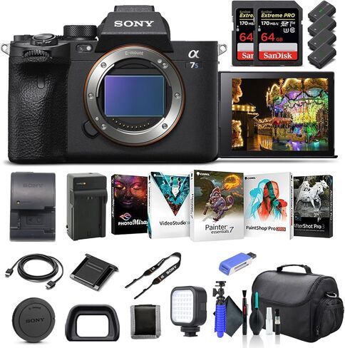 Sony Alpha A7S III Camera Camera Body فقط ILCE7SM3/B ، 2 × 64 جيجابايت من بطاقة ذاكرة ، 3 × NP-FZ-100 ، برنامج صور Corel ، حالة ، شاحن خارجي ، قارئ البطاقات ، مصباح LED ، والمزيد in Kuwait