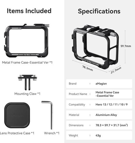 حالة الإطار المعدني - VER أساسي لسكن الإطار الواقي GoPro Hero13 مع غطاء عدسة السيليكون ، قفص إطار سبيكة الألومنيوم مع مخلب جبل مغناطيسي 2 in Kuwait