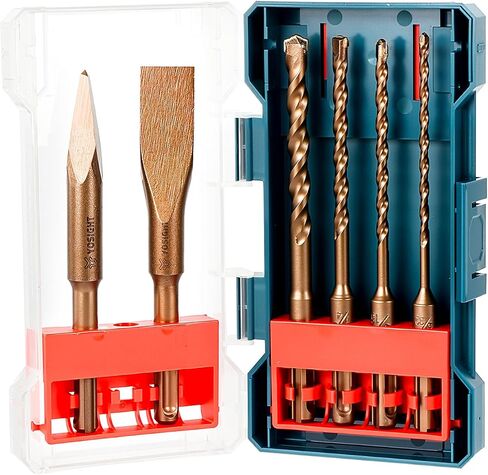 6Pcs SDS-Plus Rotary Hammer Drill Bits and Chisel Set, 3/8 1/4 3/16 5/32 inch Drill Bits, a Flat and a Point Chisel for Concrete Stone Brick in Saudi Arabia