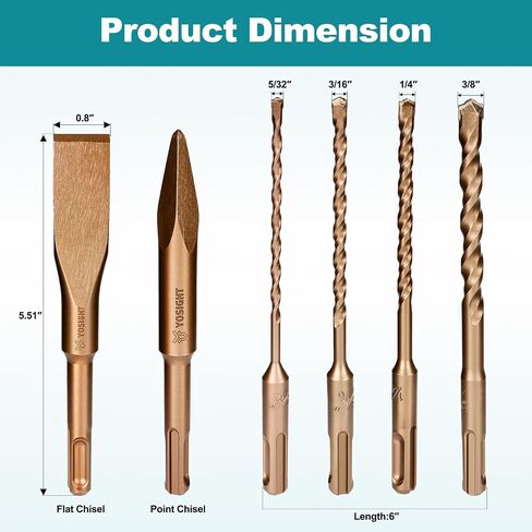 6Pcs SDS-Plus Rotary Hammer Drill Bits and Chisel Set, 3/8 1/4 3/16 5/32 inch Drill Bits, a Flat and a Point Chisel for Concrete Stone Brick in Saudi Arabia