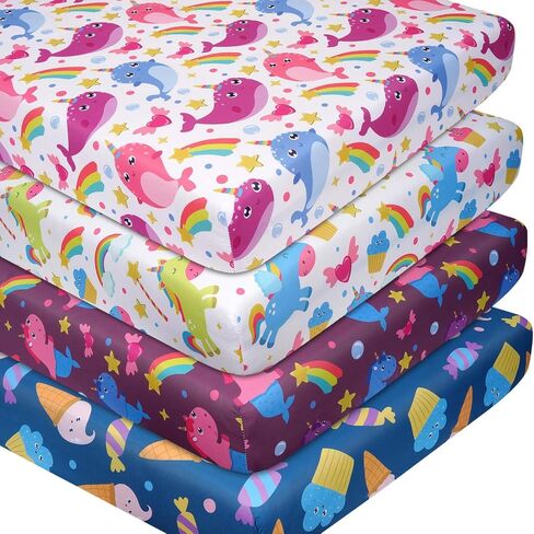 4 Pack Sun & Rainbows Crib Sheets Girl, Breathable Soft Microfiber Fitted Baby Crib Sheets, 28 X 52 in Crib Mattress Sheets for Standard Crib & Toddler Mattress in Kuwait