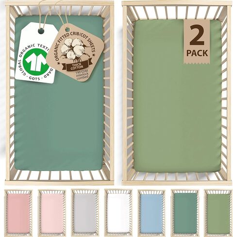 GOTS Organic 2 X Crib Sheets - 190 GSM Shicay & Soft Love Love - Sterged Organic Costton Cotton (Forest Green + Sage Green ، Crib Sheets - 2 Pack) in Kuwait