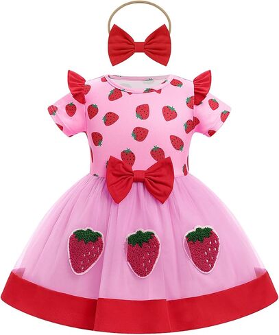 Idopip Toddler Baby Girls Birthdy Dress Strawberry Cow Bee Cake Smash Party Bowknot Tutu Dress مع ملابس عصابة الرأس in Kuwait