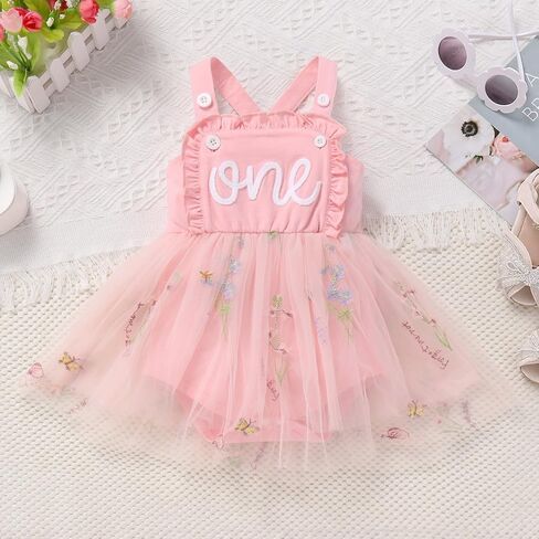 IMEKIS Baby Girls 1st Birthday Outfit Embroidered Floral Tulle Boho Romper Dress Headband Cake Smash Photo Shoot in Saudi Arabia