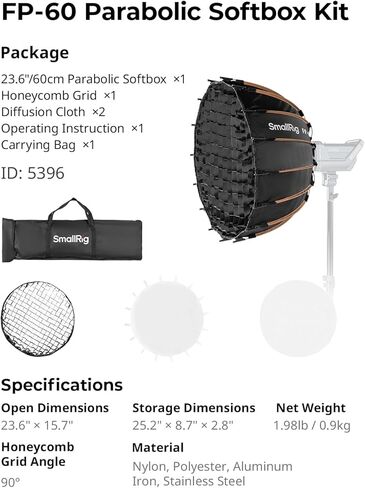 Smallrig FP -60 23.6 "Parabolic Softbox مع Mount Bowens لتصوير الاستوديو ، صندوق ناعم سريع إطلاق مع شبكة قرص العسل ، الناشرون ، لـ Smallrig RC 220 Pro ، لـ Neewer for Godox for Aputure - 5396 in Kuwait