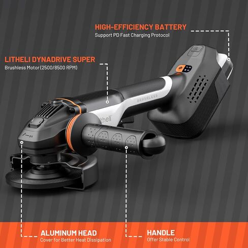 Litheli 20V Brushless Cordless Angle Grinder, 4.9-Inch Variable Speed Grinder with Battery & Charging Cord, Max 8500 RPM, for Metal, Wood, Tile (Adapter Not Included) in Kuwait