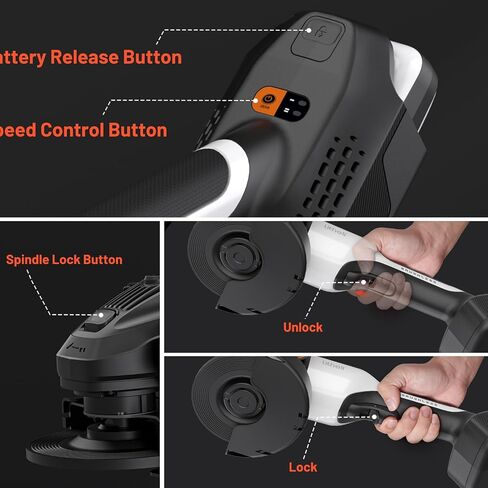 Litheli 20V Brushless Cordless Angle Grinder, 4.9-Inch Variable Speed Grinder with Battery & Charging Cord, Max 8500 RPM, for Metal, Wood, Tile (Adapter Not Included) in Kuwait