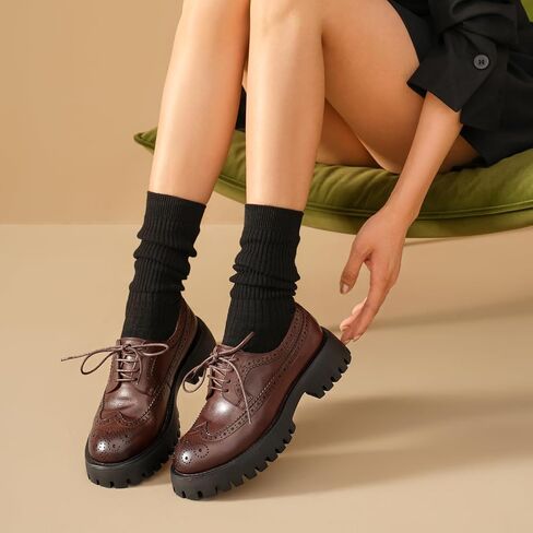 Beau Today Women's Oxfords ، منصة Oxfords للنساء ، أحذية الراحة في Wingtip Brogue ، أحذية Oxford من الجلد المكتن in Kuwait
