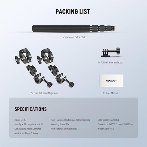 NEEWER Double Super Clamp with Magic Arm, Cleaning Cloth, Umbrella Camera Pole Clamp Mount for Desk Photo Studio Light Stand, Reflector, Scrim, Cross Bar, Motorcycle, Photography Accessories, UA036 in Saudi Arabia