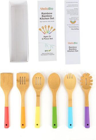 Rainbow Bamboo Kitchen Utensil Set for Kids – Montessori-Inspired 6-Piece Real Cooking Tools | Ages 2+ | Natural Bamboo | Color-Coded | Eco-Friendly Gift for Toddlers & Preschoolers in Saudi Arabia