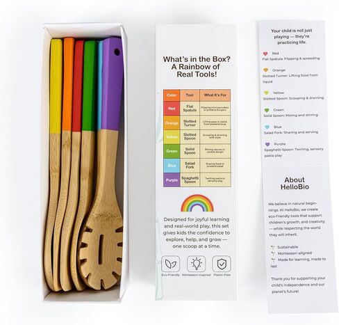Rainbow Bamboo Kitchen Utensil Set for Kids – Montessori-Inspired 6-Piece Real Cooking Tools | Ages 2+ | Natural Bamboo | Color-Coded | Eco-Friendly Gift for Toddlers & Preschoolers in Saudi Arabia