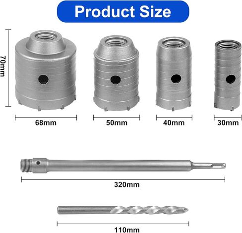 Dry Core Drill Bit Set for Concrete 6 Pieces – 30/40/50/68mm Alloy Hole Saws with 320mm Round Shank & SDS-Plus Adapter – for Brick, Masonry, Cement, Stone, Tile, and AC Installation in Saudi Arabia
