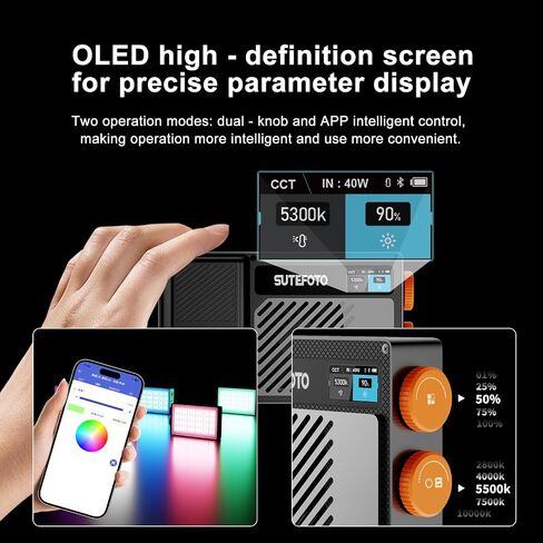T40 LED Video Light ، 40W LED قابل لإعادة الشحن على ضوء الكاميرا ، ضوء الجيب مع RGB الكامل ، 2800 كيلو-10000 كيلو ، بطارية 5000 مللي أمبير في الساعة لإضاءة التصوير الفوتوغرافي ، يوتيوب ، Tiktok (RGB) in Kuwait