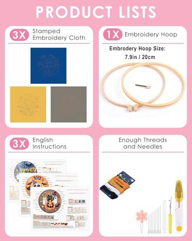 TINDTOP 3 Sets Embroidery Kit for Adult for Beginners, Hummingbird and Flower Embroidery Kit for Beginners Include Embroidery Cloth Hoops Threads for Craft Lover with Embroidery Skill Techniques in Kuwait