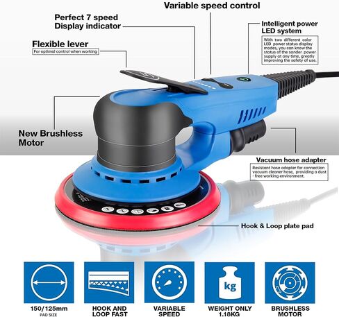 Electric 5mm Random Orbital Sander, Brushless 350W Low Vibration Orbital Sander, 6Inch Backing Pad, 7 Variable Speed (4000-10000RPM), Handheld Sanders for Surface Refinish, Woodworking, Cord 5M in Saudi Arabia