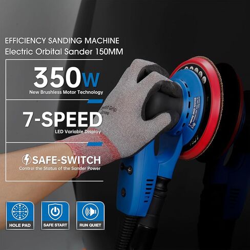 Electric 5mm Random Orbital Sander, Brushless 350W Low Vibration Orbital Sander, 6Inch Backing Pad, 7 Variable Speed (4000-10000RPM), Handheld Sanders for Surface Refinish, Woodworking, Cord 5M in Saudi Arabia