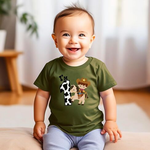 Olive Loves Apple 1st عيد ميلاد رعاة البقر قميص تحت عنوان الأولاد أنا 1 عيد ميلاد تي شيرت تي شيرت in Kuwait