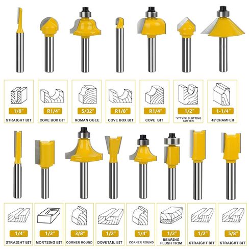 مجموعة أجهزة التوجيه مجموعة 1/4 بوصة من 15 قطعة ، 1/4 شانك كربيد تونغستن مزيل التوجيه لعمالة الخشب المحترفة والمبتدئين مع صندوق تخزين خشبي ، أدوات الأعمال الخشبية in Kuwait