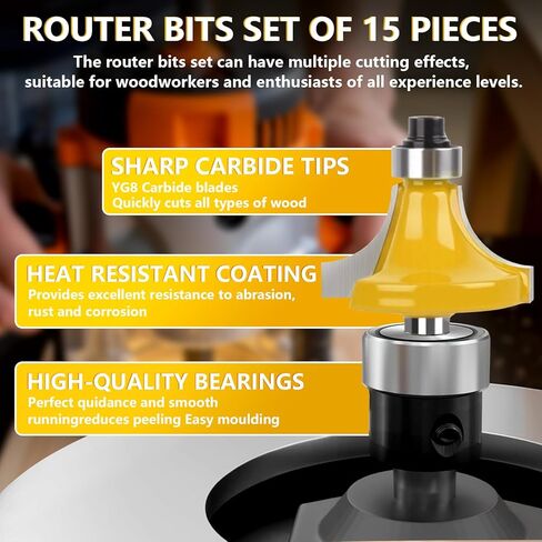 مجموعة أجهزة التوجيه مجموعة 1/4 بوصة من 15 قطعة ، 1/4 شانك كربيد تونغستن مزيل التوجيه لعمالة الخشب المحترفة والمبتدئين مع صندوق تخزين خشبي ، أدوات الأعمال الخشبية in Kuwait