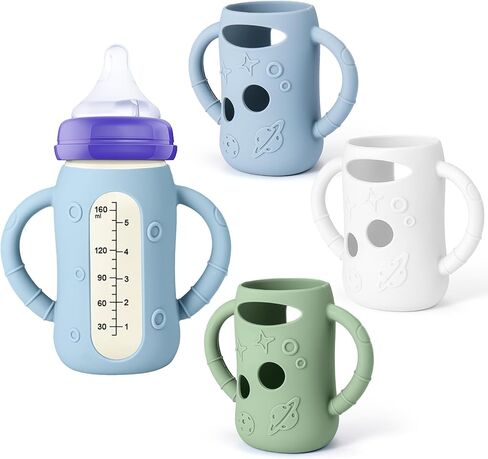 Mity Rain 3 Pack Silicone Sleeves لزجاجات Lansinoh 5 أوقية - حامل زجاجة طفل مضاد للكسر ، متوافق مع زجاجات زجاجية Lansinoh للأطفال مع مقبض in Kuwait