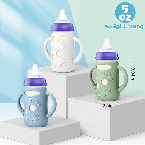 Mity Rain 3 Pack Silicone Sleeves لزجاجات Lansinoh 5 أوقية - حامل زجاجة طفل مضاد للكسر ، متوافق مع زجاجات زجاجية Lansinoh للأطفال مع مقبض in Kuwait