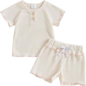 فتاة الصيف طفلة الصيف شورتات الهراء الزي اللون الصلب تي شيرت Tees قمم الكشكشة شورتات مجموعة الصيف الرضع in Kuwait