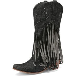 KISSASA Fringe Denim Cowgirl Boots Pointed Toe Mid Claf Cowboy Boots Chunky Stacked Heel Western Boots in Saudi Arabia