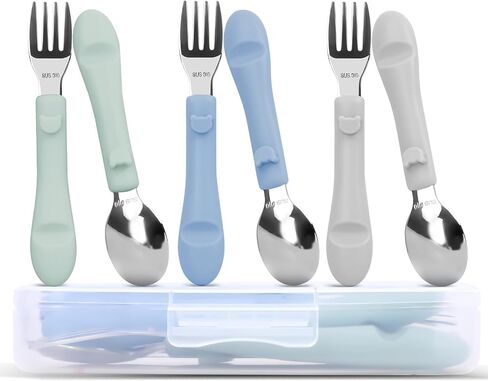 6PCS Toddler Utensils, 316 Stainless Steel Baby Safe Forks + Spoons with Silicone Handle, BPA Free Dishwasher Safe Kids Silverware Cutlery with Box, Sage/Blue/Gray in Kuwait