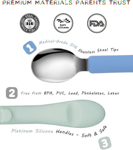 6PCS Toddler Utensils, 316 Stainless Steel Baby Safe Forks + Spoons with Silicone Handle, BPA Free Dishwasher Safe Kids Silverware Cutlery with Box, Sage/Blue/Gray in Kuwait