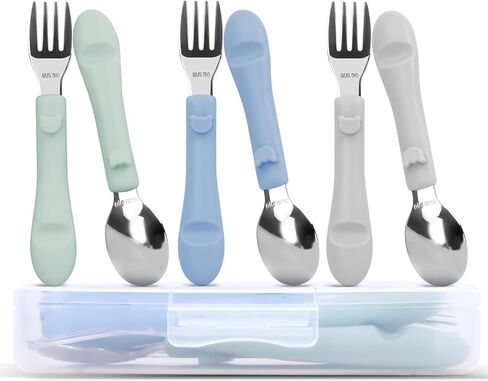 6PCS Toddler Utensils, 316 Stainless Steel Baby Safe Forks + Spoons with Silicone Handle, BPA Free Dishwasher Safe Kids Silverware Cutlery with Box, Sage/Blue/Gray in Kuwait