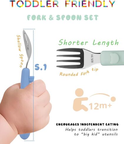 6PCS Toddler Utensils, 316 Stainless Steel Baby Safe Forks + Spoons with Silicone Handle, BPA Free Dishwasher Safe Kids Silverware Cutlery with Box, Sage/Blue/Gray in Kuwait