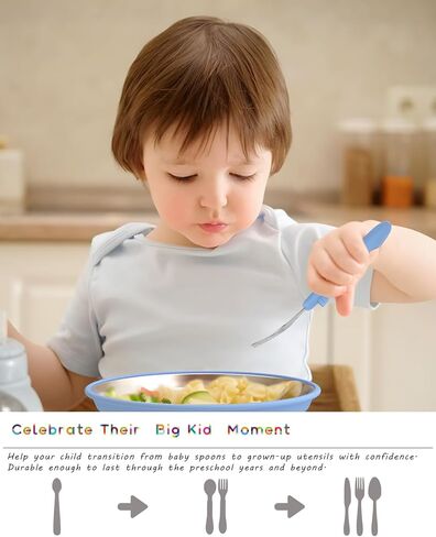 6PCS Toddler Utensils, 316 Stainless Steel Baby Safe Forks + Spoons with Silicone Handle, BPA Free Dishwasher Safe Kids Silverware Cutlery with Box, Sage/Blue/Gray in Kuwait