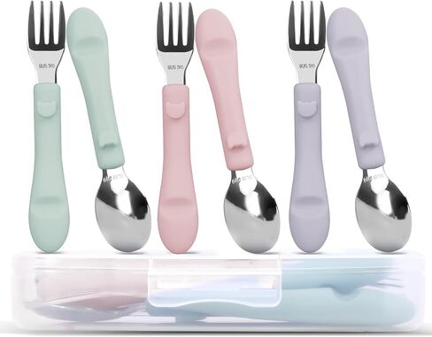 6PCS Toddler Utensils, 316 Stainless Steel Baby Safe Forks + Spoons with Silicone Handle, BPA Free Dishwasher Safe Kids Silverware Cutlery with Box, Sage/Blue/Gray in Kuwait