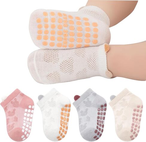Baby Toddler Girls Boys Non Slip Grip Socks with Cute Ears Breathable Mesh Soft Anti-Skid Ankle Socks for Crawling & Walking in Kuwait