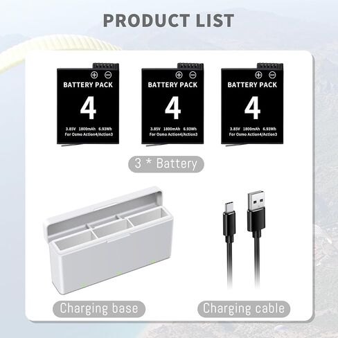 Osmo Action 4/3 بطارية Charger Charger Kit 3 عبوات ومركز سريع للشاحن سريعًا ، متوافق مع DJI Osmo Action 4 ، Osmo Action 3 Camera ، 1850mAh Battery Pratect in Kuwait