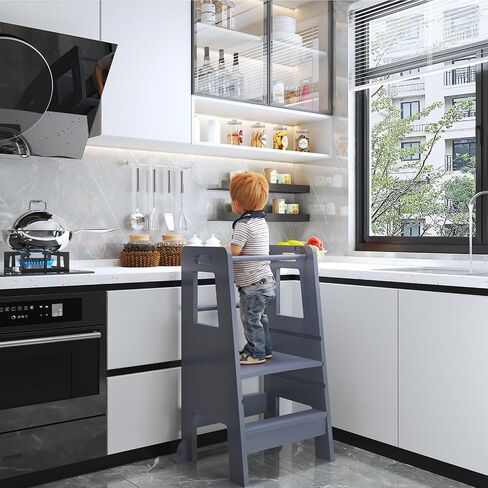 Kid's Wooden Kitchen Step Stool, Adjustable Platform Standing Tower, with Safety Guardrail Child Studying Tower, Toddler Stool for Bathroom, Cooking Helper（Black） in Saudi Arabia