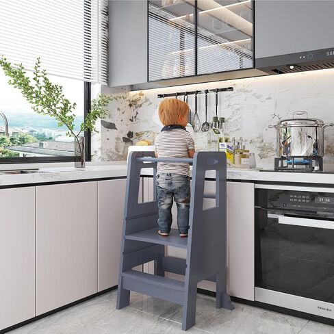 Kid's Wooden Kitchen Step Stool, Adjustable Platform Standing Tower, with Safety Guardrail Child Studying Tower, Toddler Stool for Bathroom, Cooking Helper（Black） in Saudi Arabia