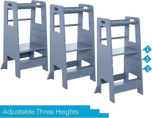 Kid's Wooden Kitchen Step Stool, Adjustable Platform Standing Tower, with Safety Guardrail Child Studying Tower, Toddler Stool for Bathroom, Cooking Helper（Black） in Saudi Arabia