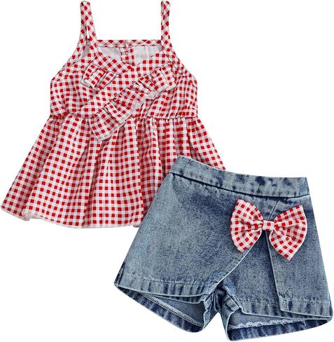 2PCS Baby Girl Strap Tank Tops Sleeveless Plaid Shirt Dress + 3D Bow Split Hem Denim Skirt Shorts Sets in Kuwait