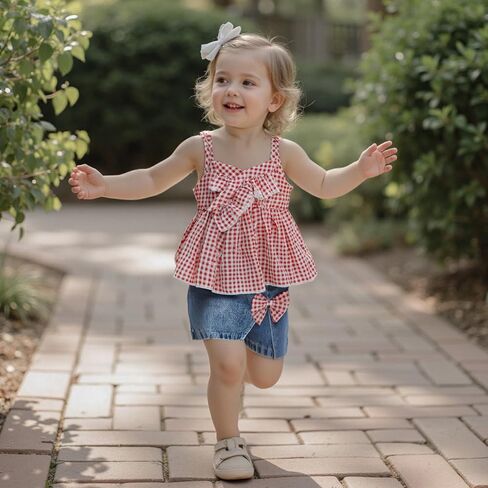 2PCS Baby Girl Strap Tank Tops Sleeveless Plaid Shirt Dress + 3D Bow Split Hem Denim Skirt Shorts Sets in Kuwait