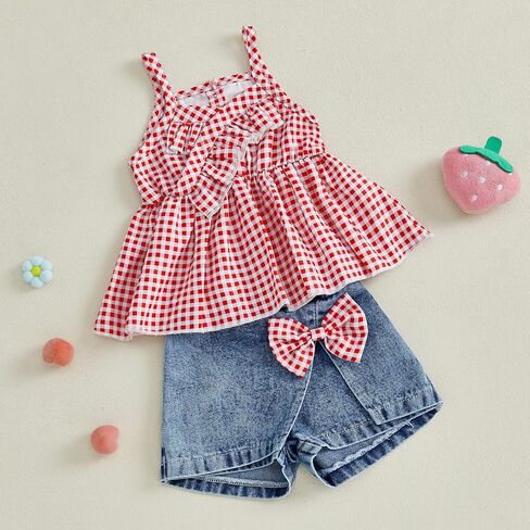 2PCS Baby Girl Strap Tank Tops Sleeveless Plaid Shirt Dress + 3D Bow Split Hem Denim Skirt Shorts Sets in Kuwait