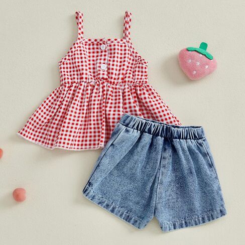2PCS Baby Girl Strap Tank Tops Sleeveless Plaid Shirt Dress + 3D Bow Split Hem Denim Skirt Shorts Sets in Kuwait