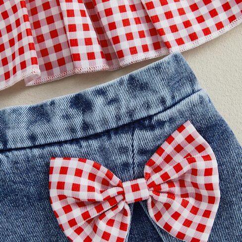 2PCS Baby Girl Strap Tank Tops Sleeveless Plaid Shirt Dress + 3D Bow Split Hem Denim Skirt Shorts Sets in Kuwait