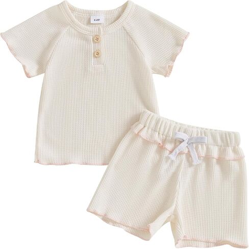 Baby Girl Summer Clothes Waffle Shorts Outfit Solid Color T Shirt Tees Tops Ruffles Shorts Set Infant Summer Outfit in Saudi Arabia