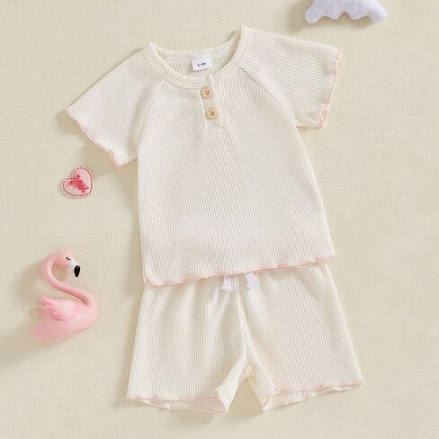 Baby Girl Summer Clothes Waffle Shorts Outfit Solid Color T Shirt Tees Tops Ruffles Shorts Set Infant Summer Outfit in Saudi Arabia