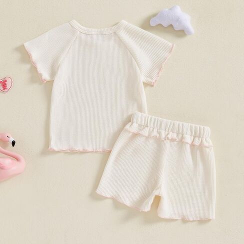 Baby Girl Summer Clothes Waffle Shorts Outfit Solid Color T Shirt Tees Tops Ruffles Shorts Set Infant Summer Outfit in Saudi Arabia