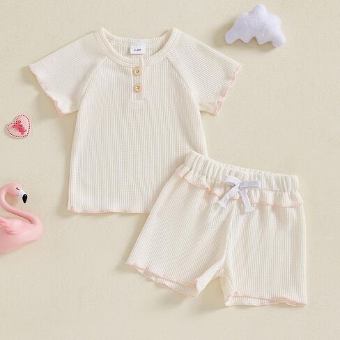 Baby Girl Summer Clothes Waffle Shorts Outfit Solid Color T Shirt Tees Tops Ruffles Shorts Set Infant Summer Outfit in Saudi Arabia